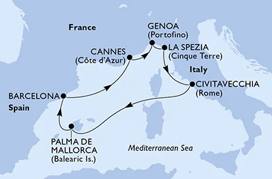 Carte de l'itineraire Mediterranee — Barcelone, Cannes, Genes, La Spezia, Civitavecchia, Palma de Majorque